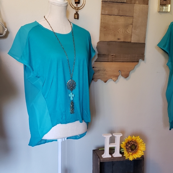 Teal sheer back top. - Picture 2 of 4